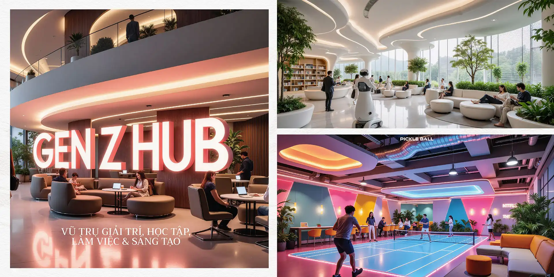 Không gian dành riêng cho thế hệ trẻ, nơi làm việc sáng tạo tại coworking space tràn ngập ánh sáng, thư giãn giữa mảng xanh và café phong cách, khám phá Art Gallery ấn tượng và tận hưởng chuỗi giải trí hiện đại như VR, gym, bowling, sport zone. Tất cả tạo nên điểm hẹn của sáng tạo, kết nối và phong cách sống mới dành cho Gen Z. Nơi thế hệ trẻ bắt đầu ngày mới đầy cảm hứng với coworking space hiện đại, không gian mở ngập tràn ánh sáng khơi gợi ý tưởng bùng nổ hay tận hưởng giây phút thư giãn giữa các mảng xanh độc đáo, café phong cách; khám phá Art Gallery – triển lãm ánh sáng ấn tượng hay cháy hết mình tại chuỗi giải trí: Arcade, VR, Ninja Course, gym, bowling, sport zone... Tất cả hội tụ để tạo nên một điểm hẹn của sáng tạo, giải trí, kết nối và phong cách sống mới dành riêng cho Gen Z.