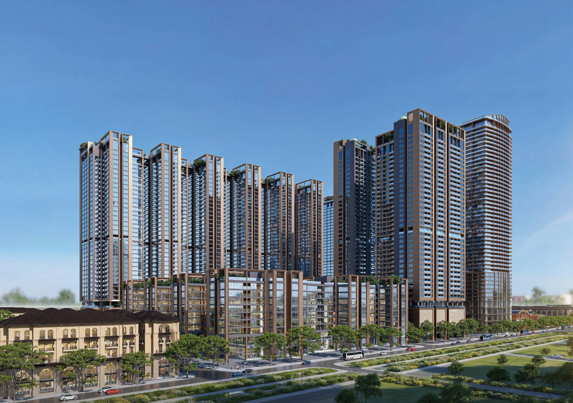Sunshine Legend City với lối kiến trúc hiện đại, đẳng cấp quốc tế với chuỗi tiện ích 5 sao, mang đến trải nghiệm sống thời thượng cho cộng đồng tinh hoa. Phối cảnh tổng thể dự án Sunshine Legend City với các tòa tháp cao tầng hiện đại, mặt kính sang trọng, xen kẽ mảng xanh và dãy nhà phố thương mại phía trước, thể hiện quy mô và đẳng cấp của khu đô thị cao cấp.