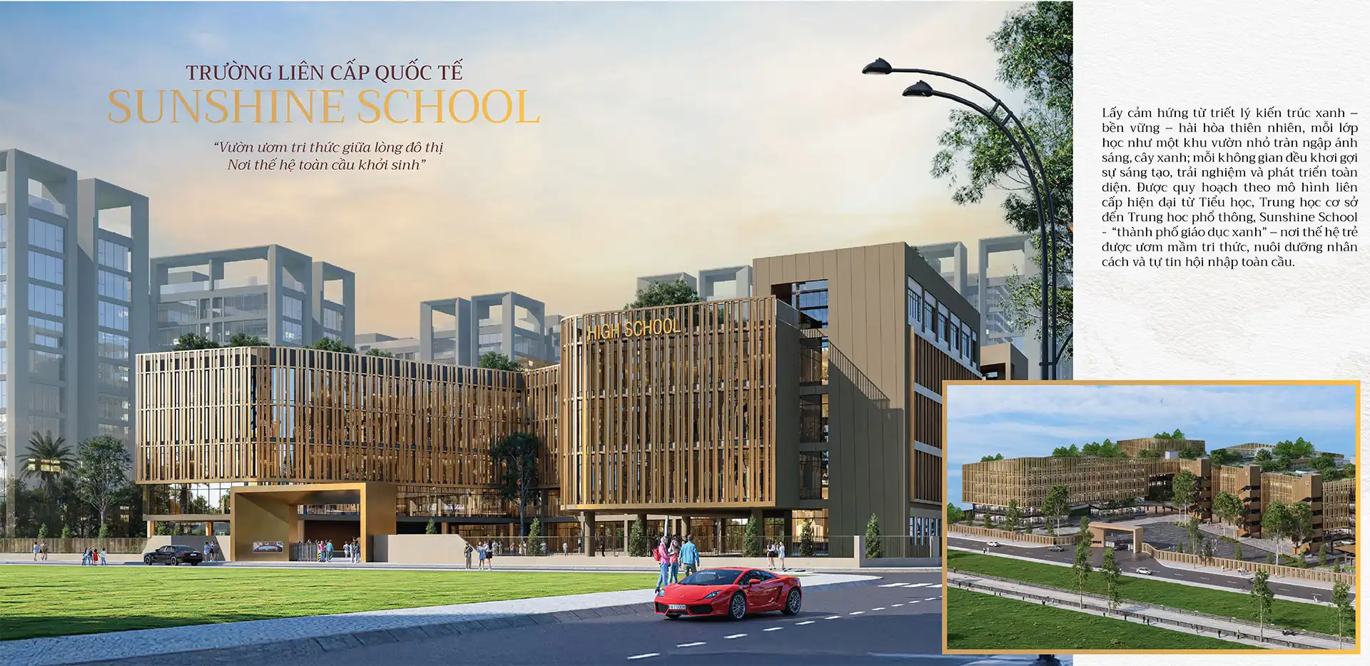 Trường liên cấp Sunshine School - Lấy cảm hứng từ triết lý kiến trúc xanh – bền vững – hài hòa thiên nhiên, mỗi lớp học như một khu vườn nhỏ tràn ngập ánh sáng, cây xanh; mỗi không gian đều khơi gợi sự sáng tạo, trải nghiệm và phát triển toàn diện. Trường liên cấp Sunshine School - Lấy cảm hứng từ triết lý kiến trúc xanh – bền vững – hài hòa thiên nhiên, mỗi lớp học như một khu vườn nhỏ tràn ngập ánh sáng, cây xanh; mỗi không gian đều khơi gợi sự sáng tạo, trải nghiệm và phát triển toàn diện.