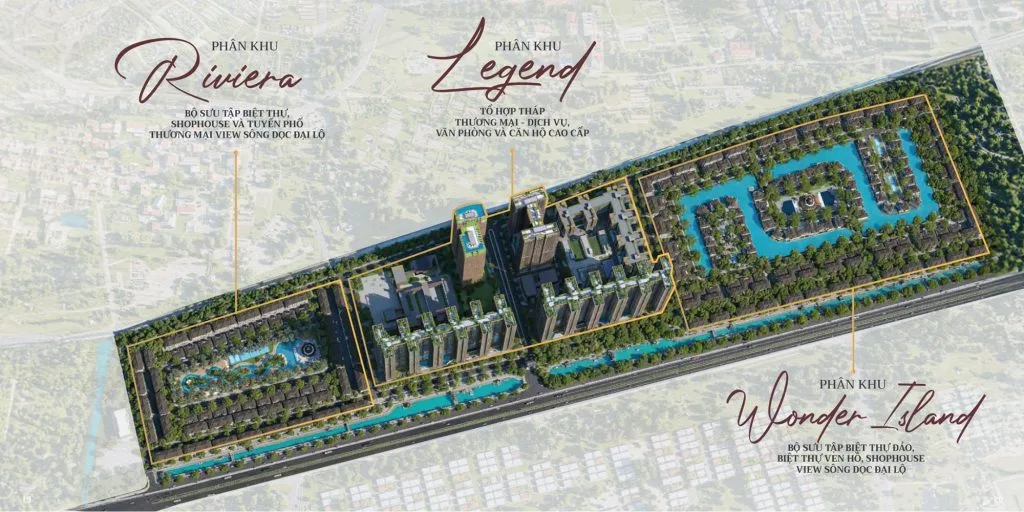 Sunshine Legend City 8 Hình ảnh tổng thể dự án Sunshine Legend City với ba phân khu: Riviera gồm biệt thự, shophouse thương mại view sông; Legend là tổ hợp tháp thương mại, văn phòng và căn hộ cao cấp; Wonder Island – khu biệt thự đảo, biệt thự ven hồ và shophouse ven sông.