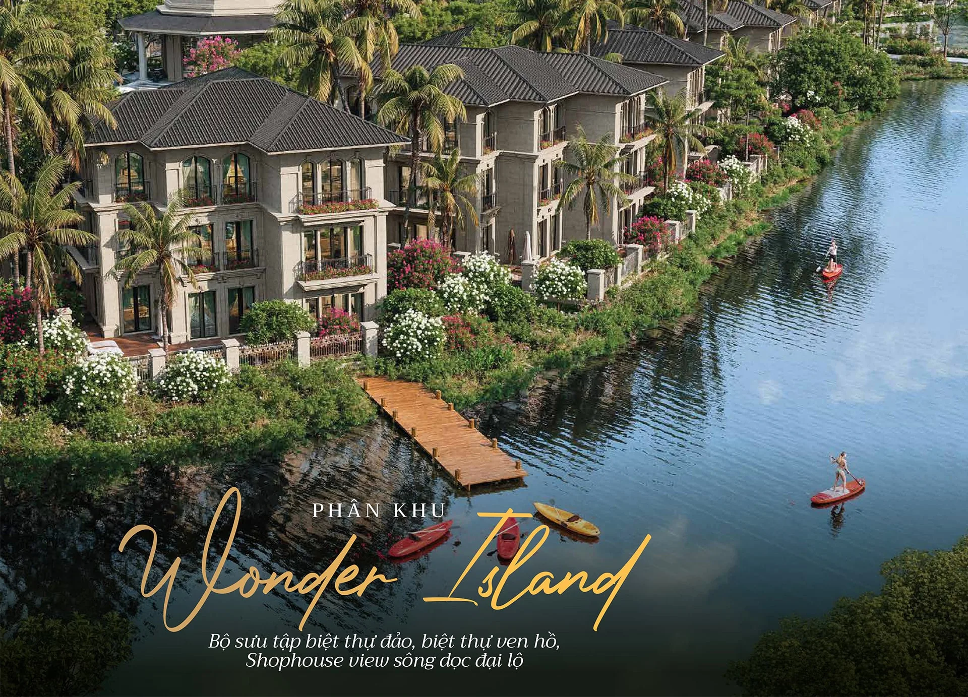 Sunshine Legend City 11 Hình ảnh phối cảnh phân khu Wonder Island thuộc Sunshine Legend City, với biệt thự đảo và biệt thự ven hồ sang trọng, bao quanh bởi sông nước và cây xanh