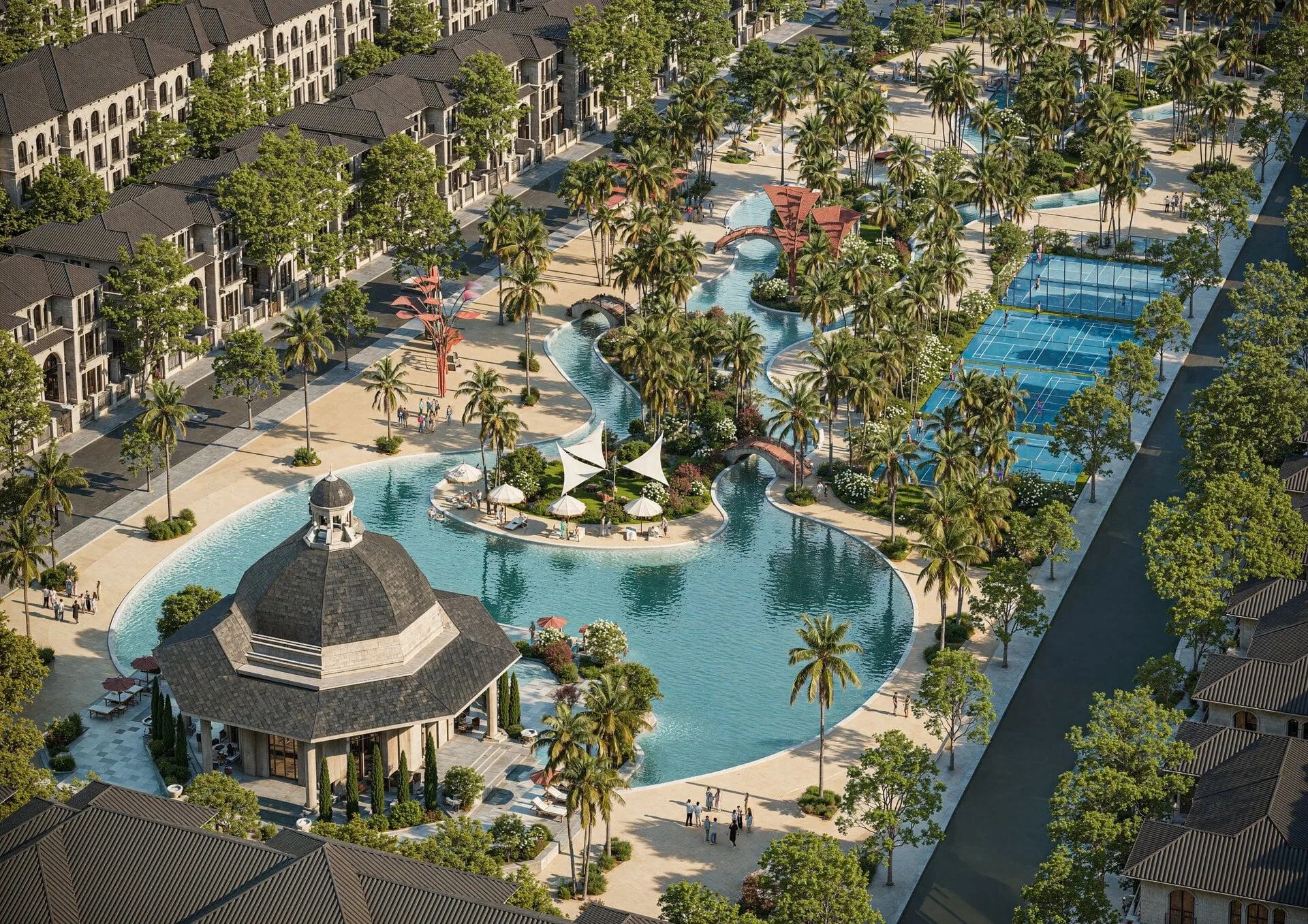 Tổ hợp tiện ích nghỉ dưỡng liên hoàn với không gian 'mini beach' độc đáo với hồ cảnh quan, sân tắm nắng, bãi cát trắng mịn và tổ hợp sân thể thao Tổ hợp tiện ích nghỉ dưỡng liên hoàn với không gian 'mini beach' độc đáo với hồ cảnh quan, pool bar ngoài trời, sân tắm nắng, bãi cát trắng mịn và tổ hợp sân thể thao