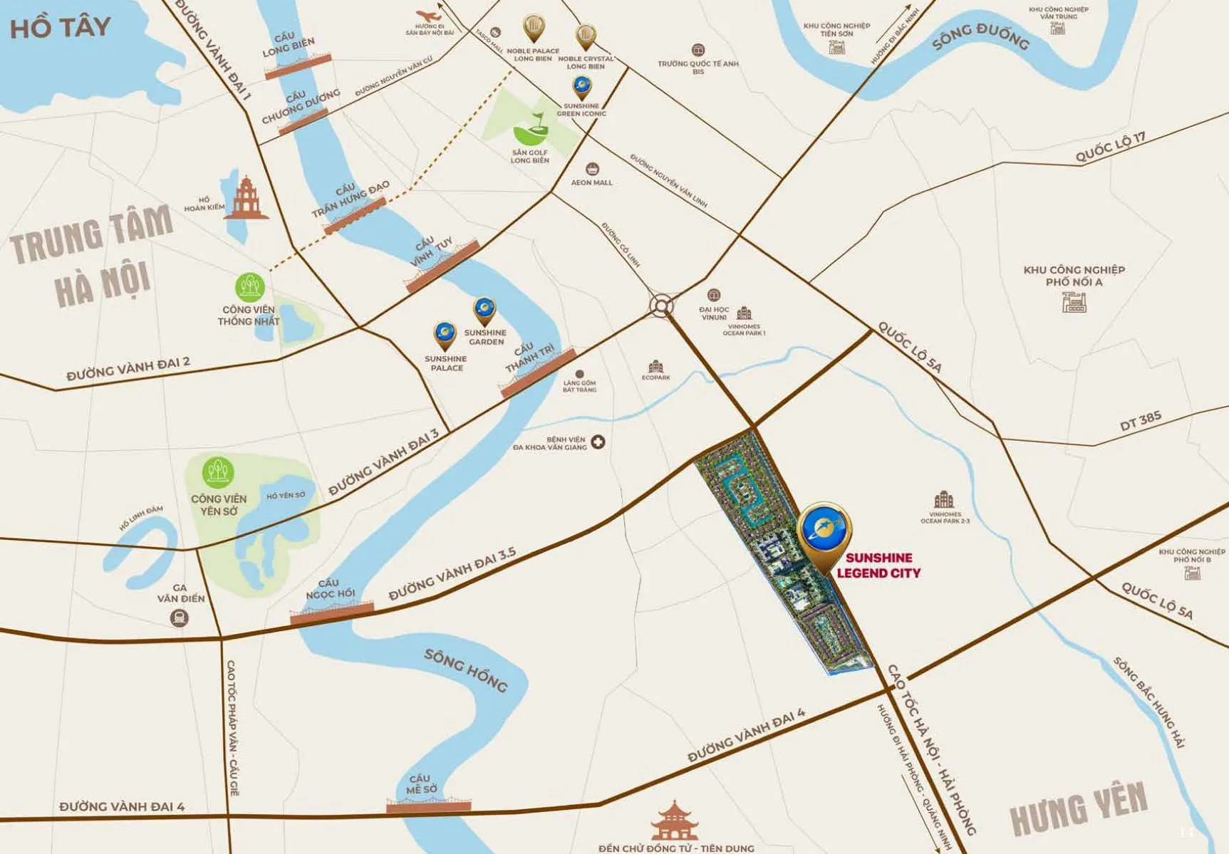 Sunshine Legend City tọa lạc giữa Vành đai 3.5 và Vành đai 4, ngay bên tuyến cao tốc Hà Nội – Hải Phòng, tâm điểm kết nối thủ đô và vùng kinh tế trọng điểm phía Đông Bản đồ vị trí Sunshine Legend City, dự án nằm giữa đường Vành đai 3.5 và Vành đai 4, sát cao tốc Hà Nội – Hải Phòng, thuận lợi di chuyển đến trung tâm Hà Nội và các tỉnh lân cận